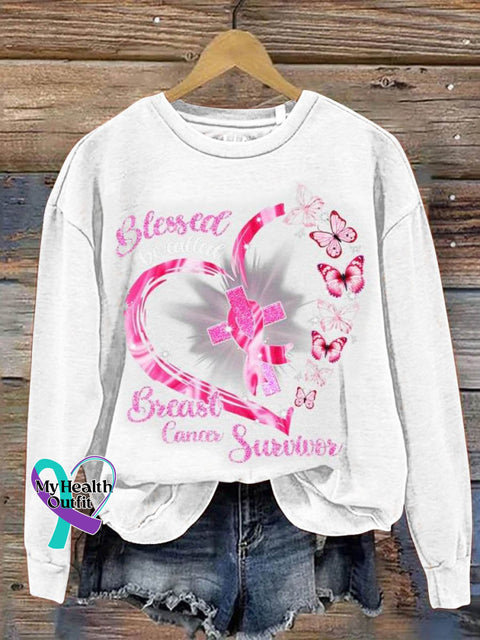Women’s Blessed To Be Called Breast Cancer Survivor Print Pattern Casual Sweatshirt White / S
