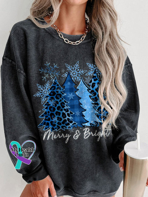 Women’s Blue Christmas Trees Snowflake Merry And Bright Casual Print Corduroy Sweatshirt Black / S