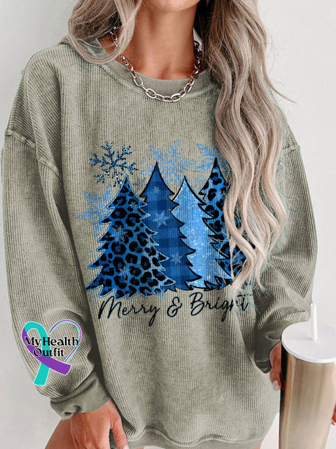 Women’s Blue Christmas Trees Snowflake Merry And Bright Casual Print Corduroy Sweatshirt Brown / S