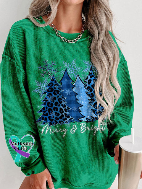Women’s Blue Christmas Trees Snowflake Merry And Bright Casual Print Corduroy Sweatshirt Green / S