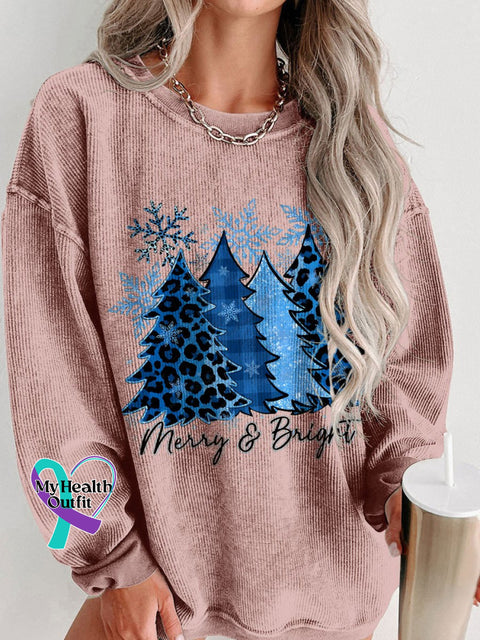 Women’s Blue Christmas Trees Snowflake Merry And Bright Casual Print Corduroy Sweatshirt Pink / S