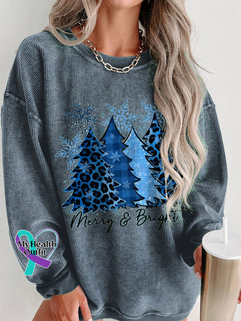 Women’s Blue Christmas Trees Snowflake Merry And Bright Casual Print Corduroy Sweatshirt / S
