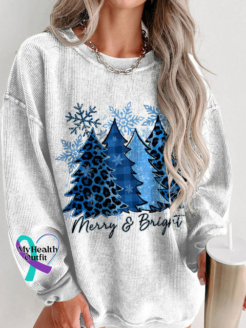 Women’s Blue Christmas Trees Snowflake Merry And Bright Casual Print Corduroy Sweatshirt White / S