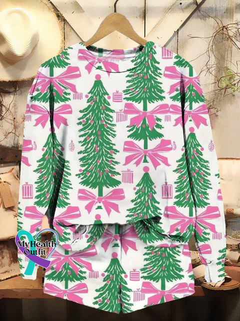 Women’s Bowknot Christmas Tree Pattern Printed Casual Sweatshirt Shorts Set Multicolor / S
