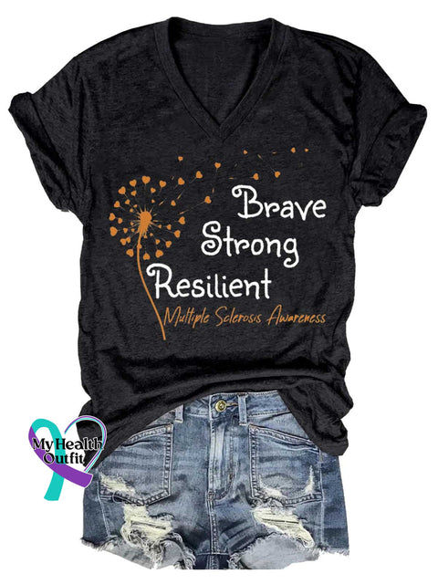 Women’s Brave Strong Resilient Dandelion Ms Awareness Multiple Sclerosis Warrior Multiple Sclerosis Orange Ribbon