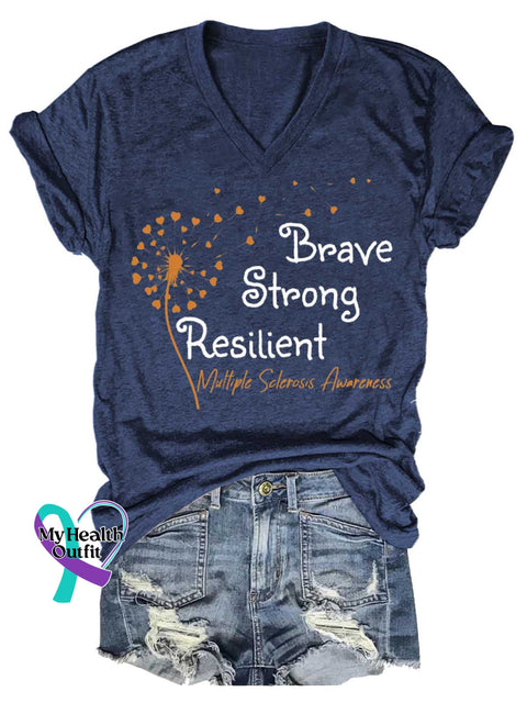 Women’s Brave Strong Resilient Dandelion Ms Awareness Multiple Sclerosis Warrior Multiple Sclerosis Orange Ribbon