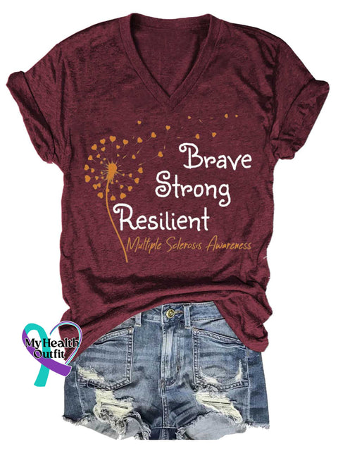 Women’s Brave Strong Resilient Dandelion Ms Awareness Multiple Sclerosis Warrior Multiple Sclerosis Orange Ribbon