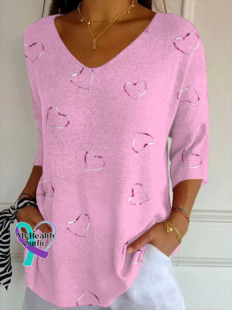 Women’s Breast Cancer Awareness Art Print Casual Knit Pullover Pink / M