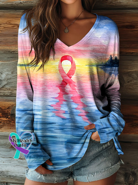 Women’s Breast Cancer Awareness Art Print Casual V neck Long Sleeve T shirt Multicolor / S