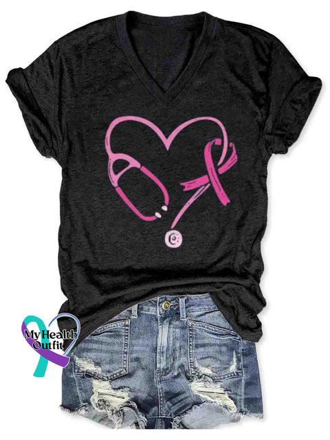 Women’s Breast Cancer Awareness Art V neck Casual T Shirt Black / S