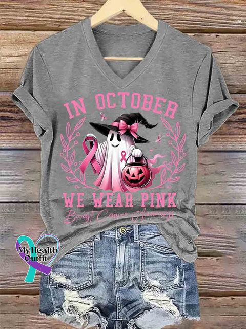 Women’s Breast Cancer Awareness Art V neck Casual T Shirt Grey / S