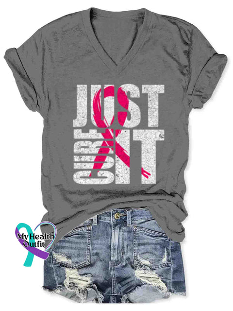 Women’s Breast Cancer Awareness Art V-neck Casual T-Shirt Grey / S