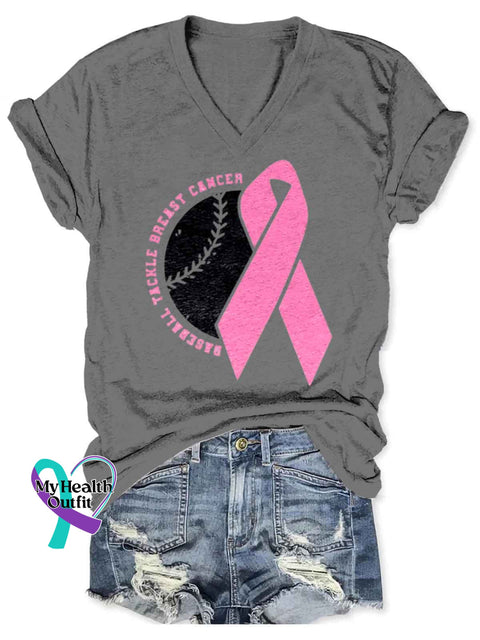 Women’s Breast Cancer Awareness Art V-neck Casual T-Shirt Grey / S