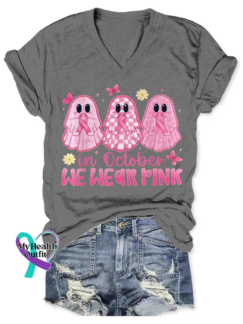 Women’s Breast Cancer Awareness Art V-neck Casual T-Shirt Grey / S