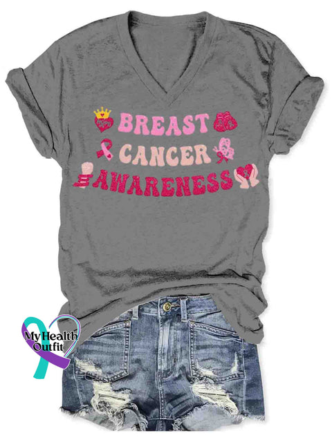 Women’s Breast Cancer Awareness Art V-neck Casual T-Shirt Grey / S