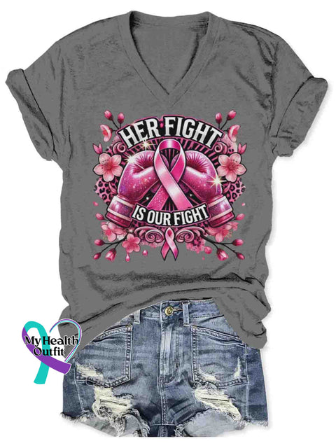 Women’s Breast Cancer Awareness Art V-neck Casual T-Shirt Grey / S