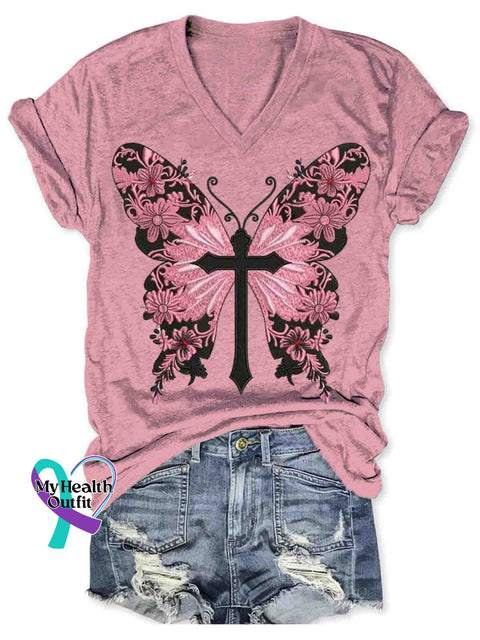 Women’s Breast Cancer Awareness Art V neck Casual T Shirt LightPink / S