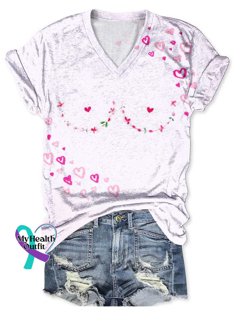 Women’s Breast Cancer Awareness Art V neck Casual T Shirt Multicolor / S