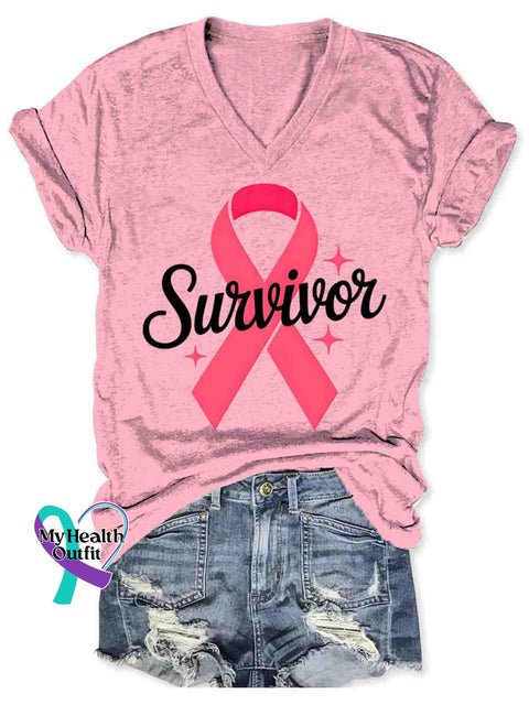 Women’s Breast Cancer Awareness Art V-neck Casual T-Shirt Pink / S