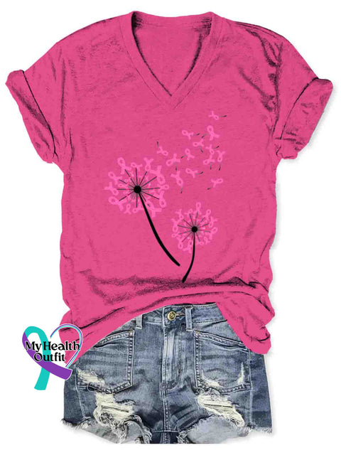 Women’s Breast Cancer Awareness Art V-neck Casual T-Shirt Pink / S