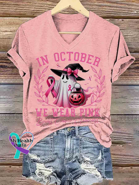 Women’s Breast Cancer Awareness Art V neck Casual T Shirt Pink / S
