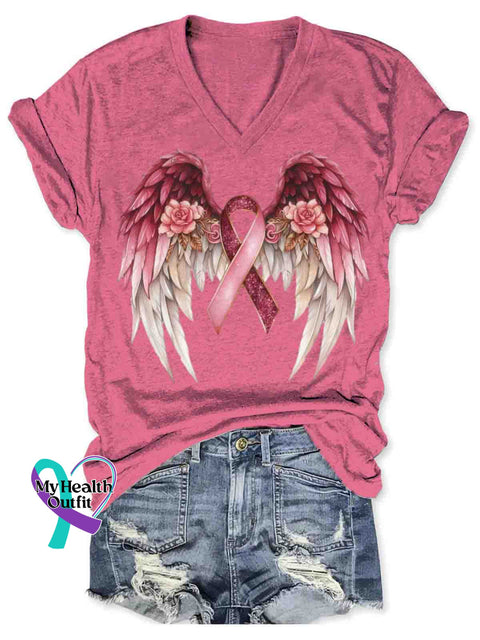 Women’s Breast Cancer Awareness Art V neck Casual T Shirt Pink / S