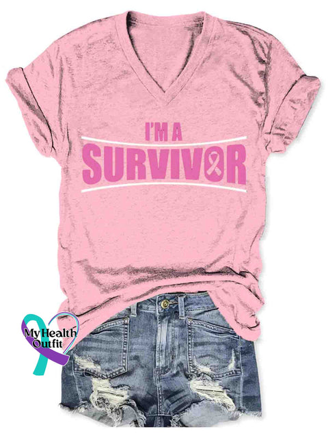 Women’s Breast Cancer Awareness Art V-neck Casual T-Shirt Pink / S