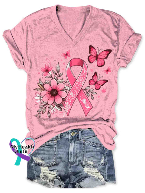 Women’s Breast Cancer Awareness Art V-neck Casual T-Shirt Pink / S