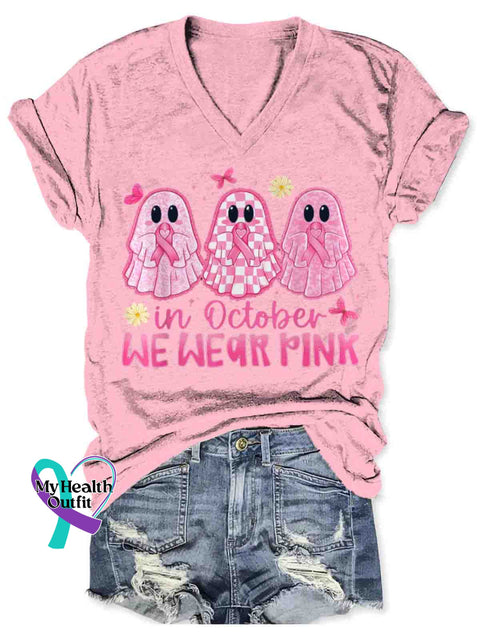 Women’s Breast Cancer Awareness Art V-neck Casual T-Shirt Pink / S