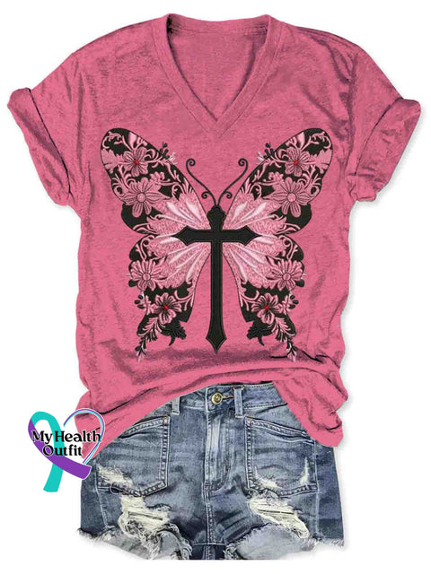 Women’s Breast Cancer Awareness Art V neck Casual T Shirt Pink / S