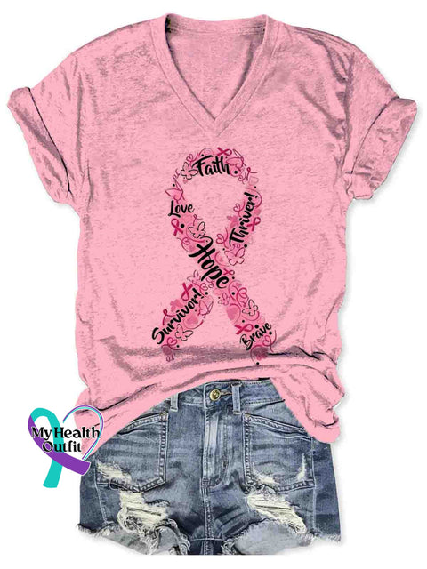 Women’s Breast Cancer Awareness Art V-neck Casual T-Shirt Pink / S