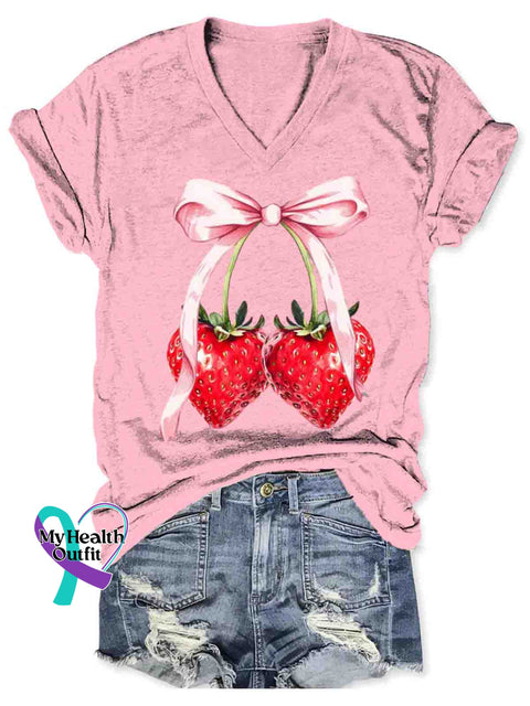 Women’s Breast Cancer Awareness Art V-neck Casual T-Shirt Pink / S