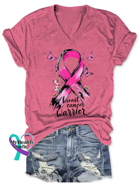 Women’s Breast Cancer Awareness Art V neck Casual T Shirt Pink / S
