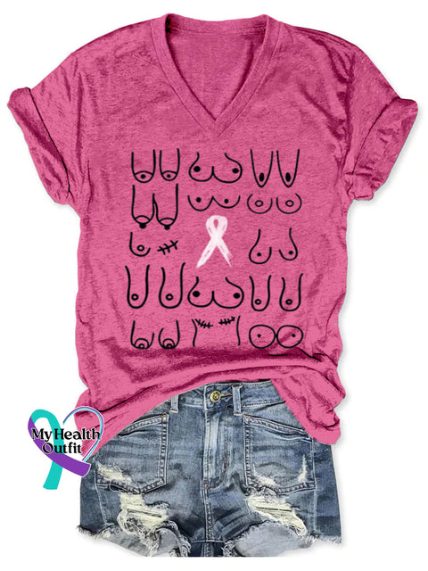 Women’s Breast Cancer Awareness Art V neck Casual T Shirt Pink / S