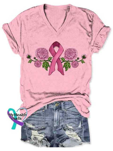 Women’s Breast Cancer Awareness Art V-neck Casual T-Shirt Pink / S