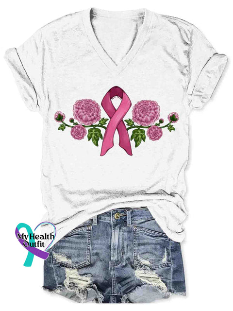 Women’s Breast Cancer Awareness Art V-neck Casual T-Shirt White / S