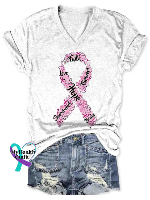 Women’s Breast Cancer Awareness Art V-neck Casual T-Shirt White / S