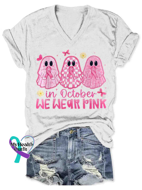 Women’s Breast Cancer Awareness Art V-neck Casual T-Shirt White / S