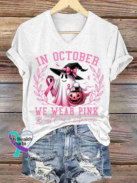 Women’s Breast Cancer Awareness Art V neck Casual T Shirt White / S