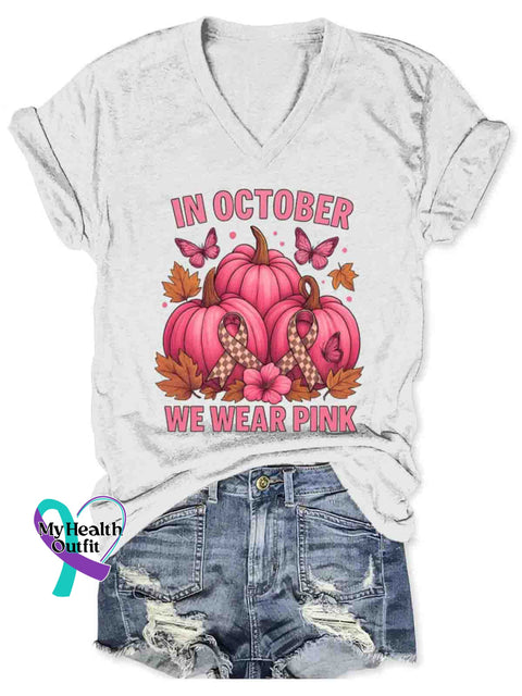 Women’s Breast Cancer Awareness Art V-neck Casual T-Shirt White / S