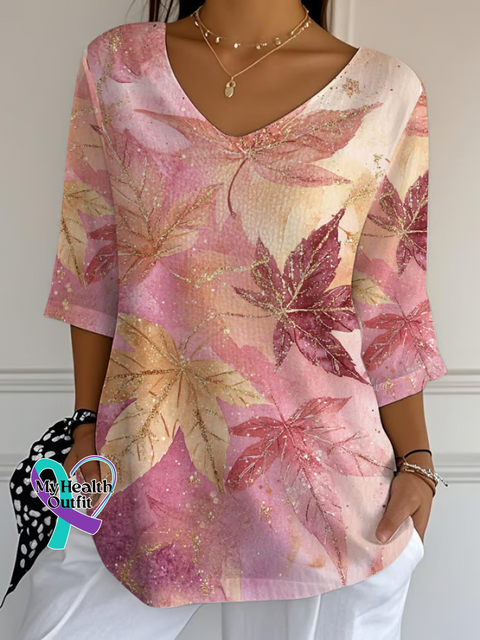 Women’s Breast Cancer Awareness Autumn Pink Maple Leaf Print Casual Cotton V-neck Shirt Multicolor / S