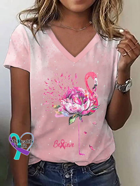 Women’s Breast Cancer Awareness Believe V-Neck Tee Pink / S