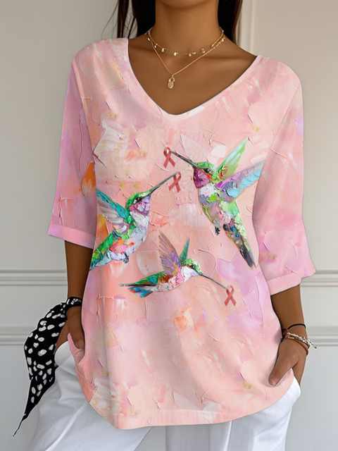 Women’s Breast Cancer Awareness Bird Pink Ribbon Print Casual Cotton Short Sleeve V-neck Shirt Multicolor / S