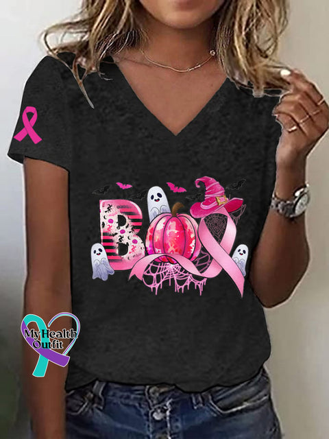 Women’s Breast Cancer Awareness Boo Scale Away Pink Ribbon Pumpkin Ghost Print T-Shirt Black / S