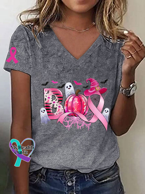 Women’s Breast Cancer Awareness Boo Scale Away Pink Ribbon Pumpkin Ghost Print T-Shirt Light Grey