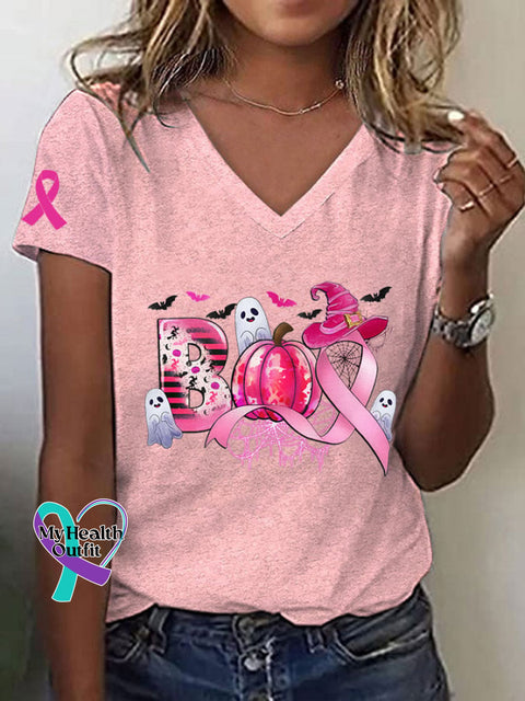 Women’s Breast Cancer Awareness Boo Scale Away Pink Ribbon Pumpkin Ghost Print T-Shirt / S