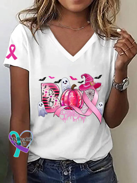 Women’s Breast Cancer Awareness Boo Scale Away Pink Ribbon Pumpkin Ghost Print T-Shirt White / S
