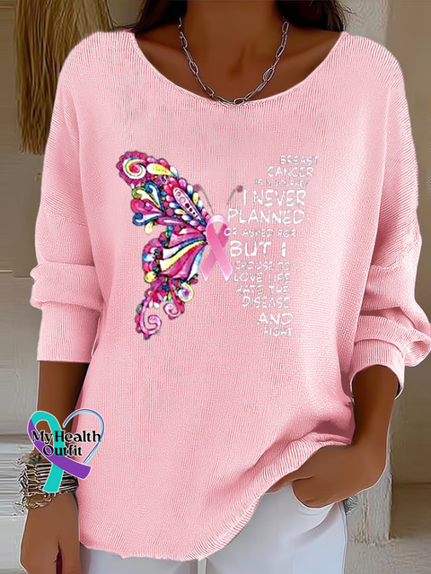 Women’s Breast Cancer Awareness Butterfly Casual Pullover Sweater Multicolor / S