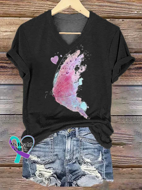 Women’s Breast Cancer Awareness Butterfly V-neck Casual T-Shirt Black / S
