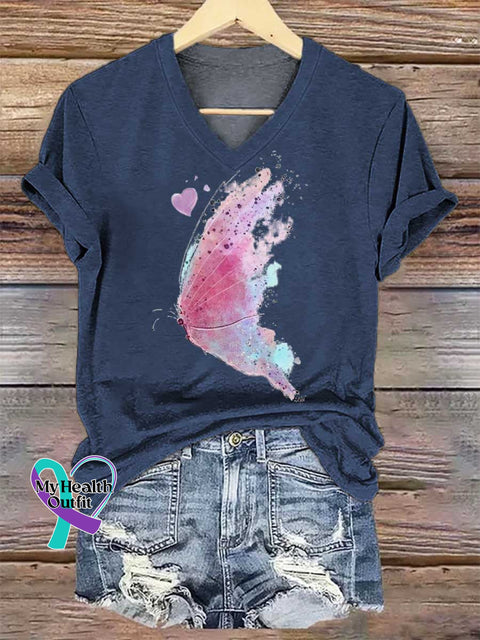 Women’s Breast Cancer Awareness Butterfly V-neck Casual T-Shirt Blue / S